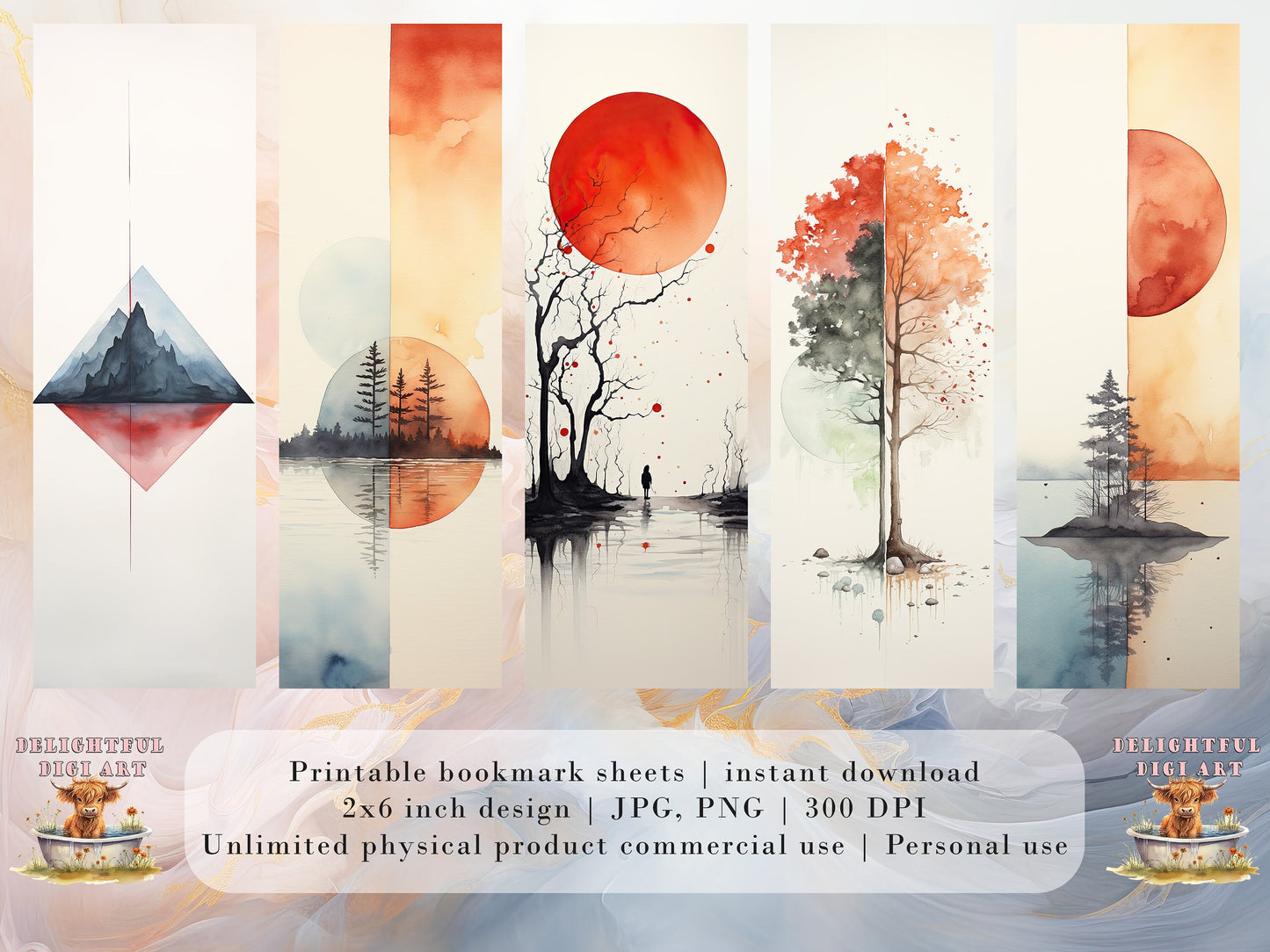 Watercolor Landscape Printable Bookmarks| 10 Minimalist Design Bookmarks| Book Lover Gift| DIY Craft Idea| JPG Bookmark Sheets| PNG Bundle