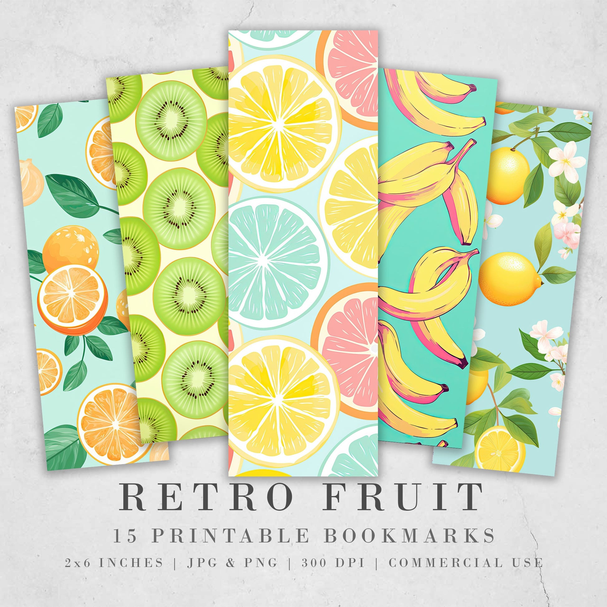 Retro Fruit Printable Bookmarks: JPG DIY Bookmark Sheets| PNG bookmark sublimation set of 15 | Pastel colors | Sliced Fruit Pattern