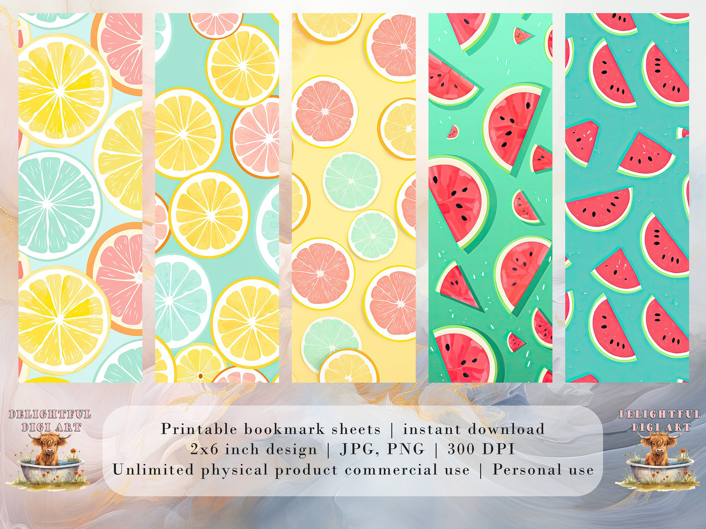 Retro Fruit Printable Bookmarks: JPG DIY Bookmark Sheets| PNG bookmark sublimation set of 15 | Pastel colors | Sliced Fruit Pattern