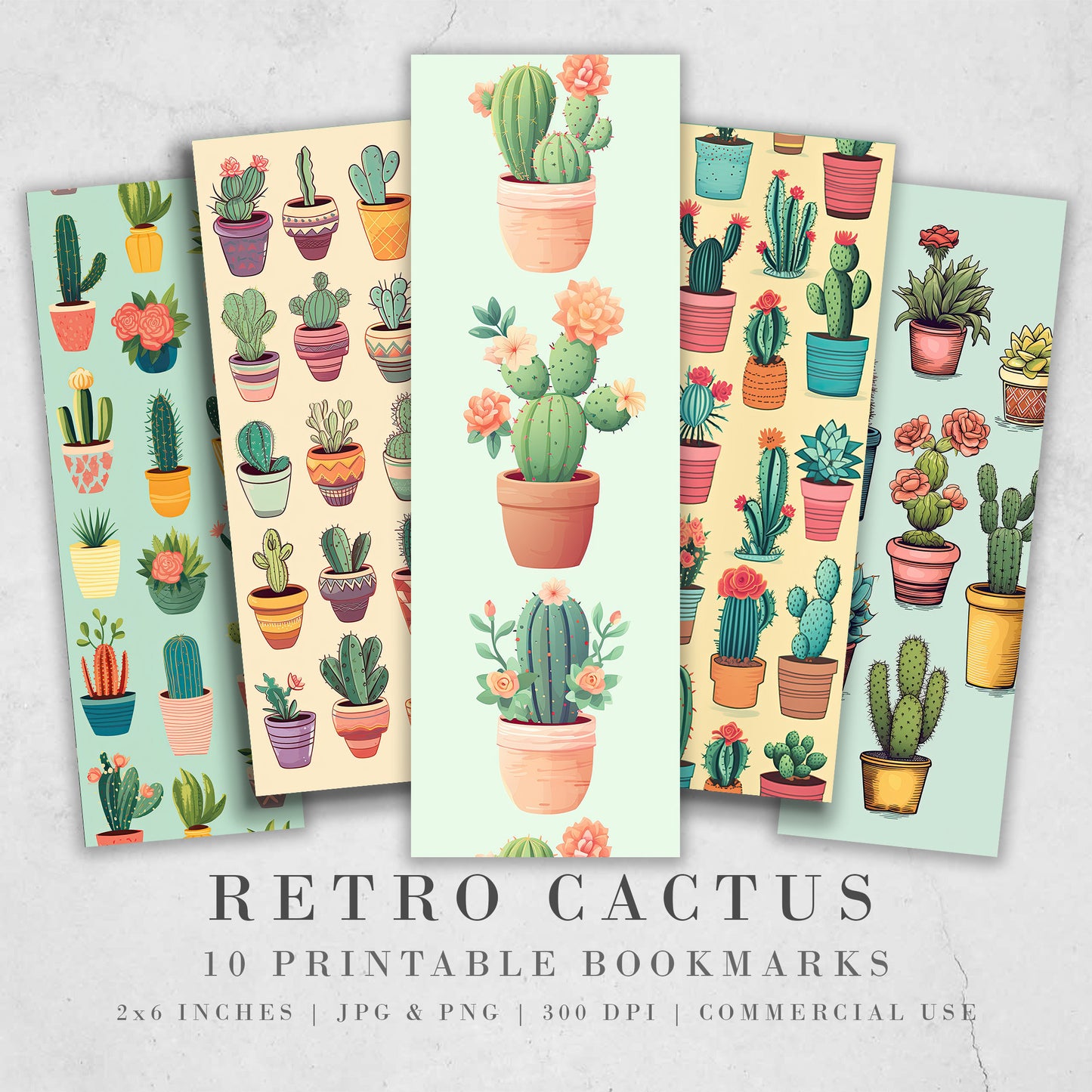 Retro Cactus Printable Bookmarks: JPG DIY Bookmark Sheets| PNG bookmark sublimation set of 10 | Pastel colors | Potted Succulents