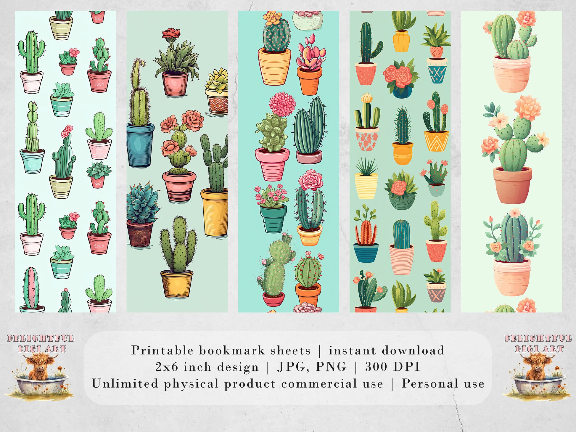 Retro Cactus Printable Bookmarks: JPG DIY Bookmark Sheets| PNG bookmark sublimation set of 10 | Pastel colors | Potted Succulents