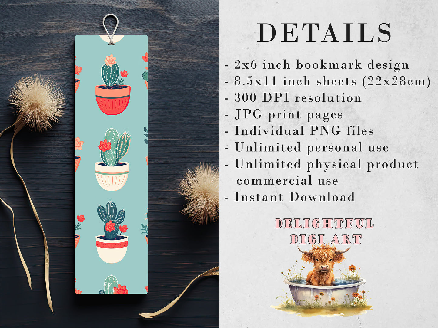 Retro Cactus Printable Bookmarks: JPG DIY Bookmark Sheets| PNG bookmark sublimation set of 10 | Pastel colors | Potted Succulents