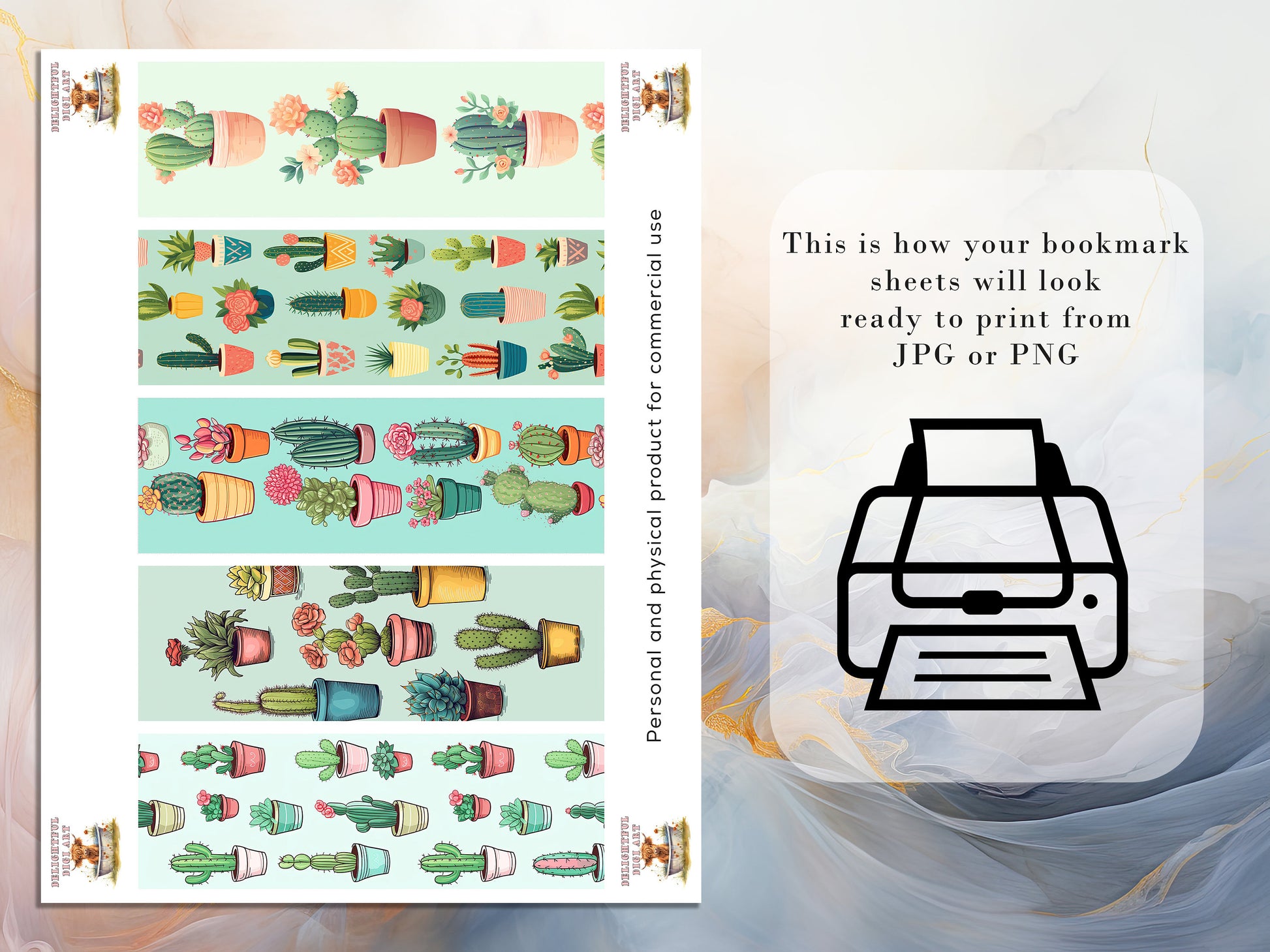 Retro Cactus Printable Bookmarks: JPG DIY Bookmark Sheets| PNG bookmark sublimation set of 10 | Pastel colors | Potted Succulents