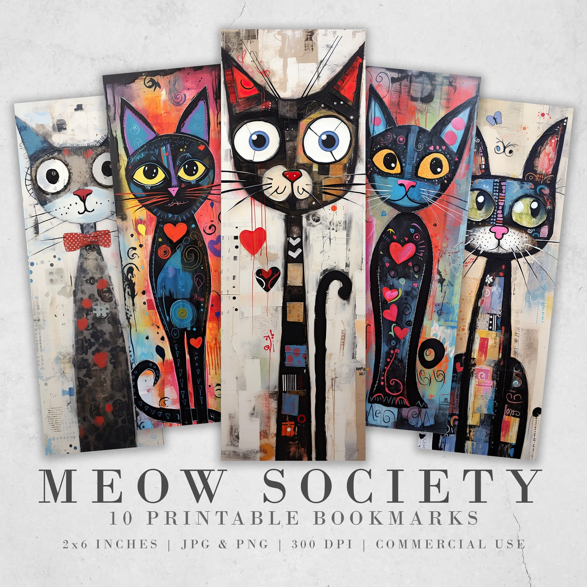 Meow Society Printable Bookmarks| 10 Quirky Mixed Media Cat Bookmark Sheets| PNG bookmark sublimation| Whimsical Cat Digital Bookmarks