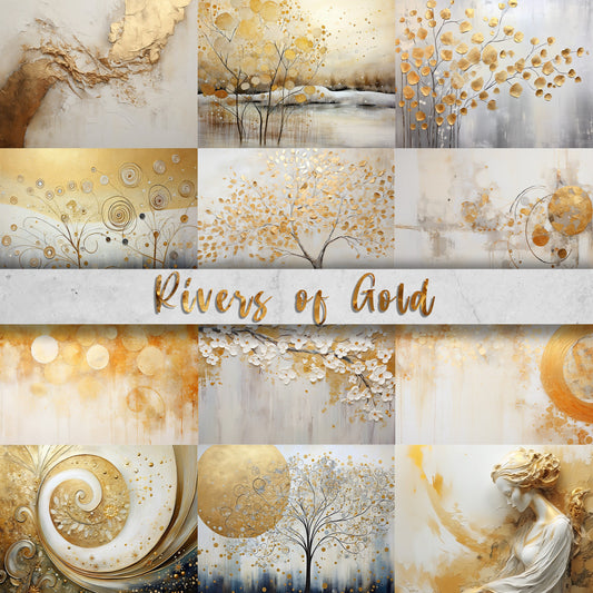 Rivers of Gold - 12 Elegant White and Gold Papers/Backgounds (11x8.5"), CU, Wedding, Christmas, Junk Journal, Digital Art, DIY Card Making