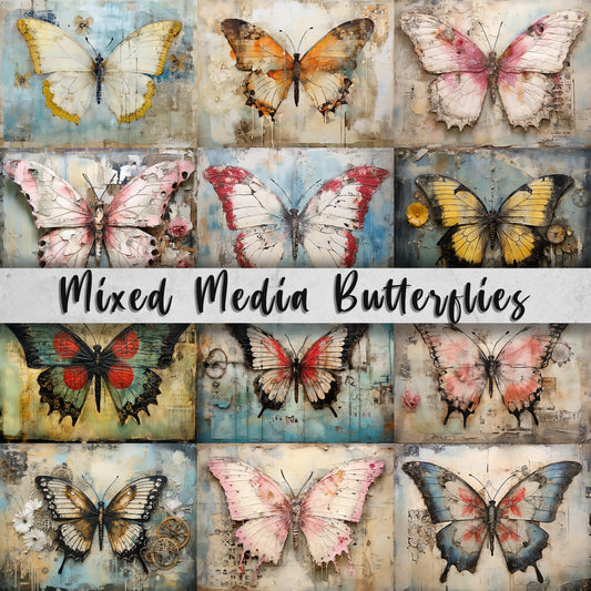 Mixed Media Butterflies, Butterfly Journal Pages, Grunge/Painterly Butterfly, CU, 12 PNG Butterflies, Distressed Surfaces, DIY Card Making
