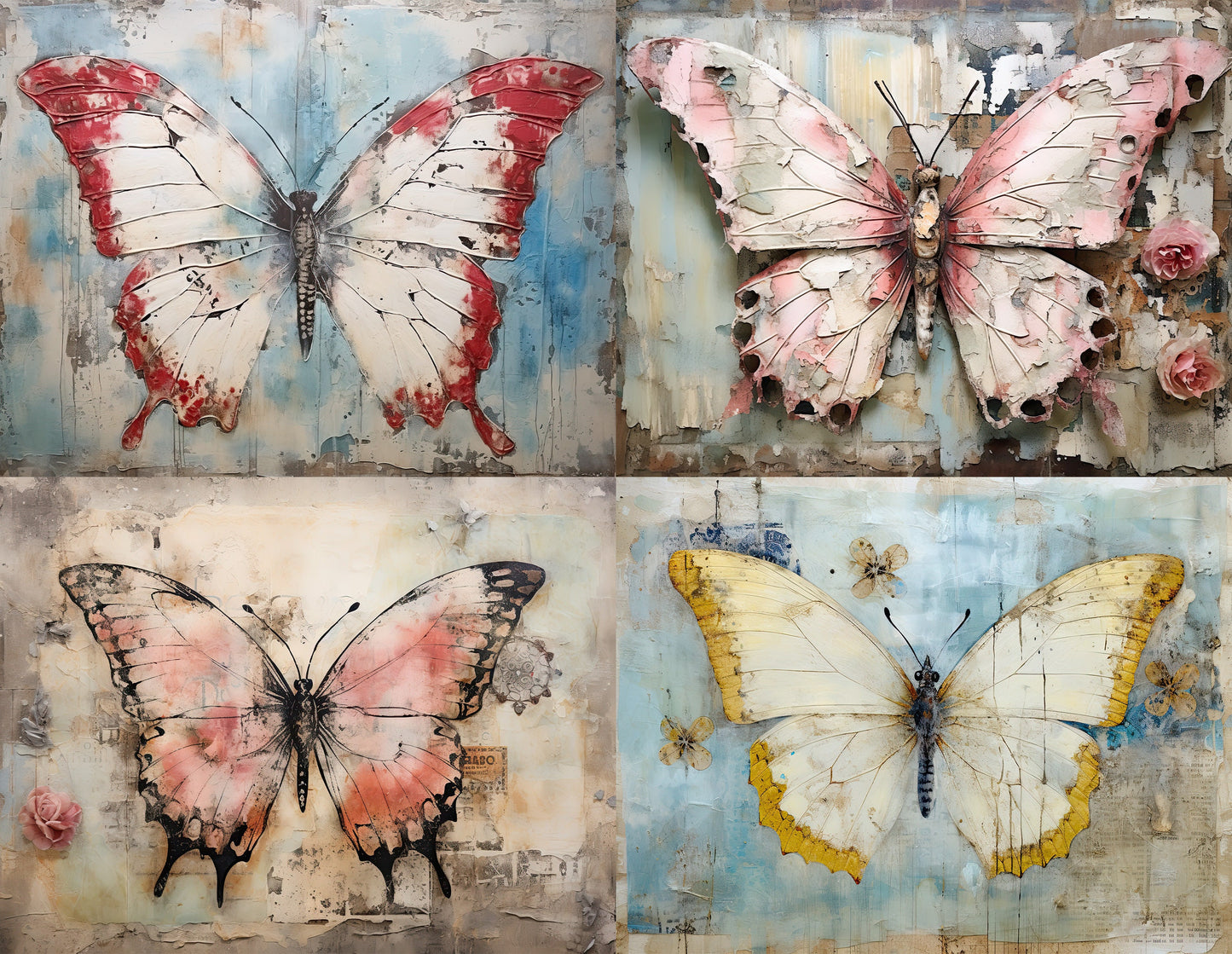 Mixed Media Butterflies, Butterfly Journal Pages, Grunge/Painterly Butterfly, CU, 12 PNG Butterflies, Distressed Surfaces, DIY Card Making