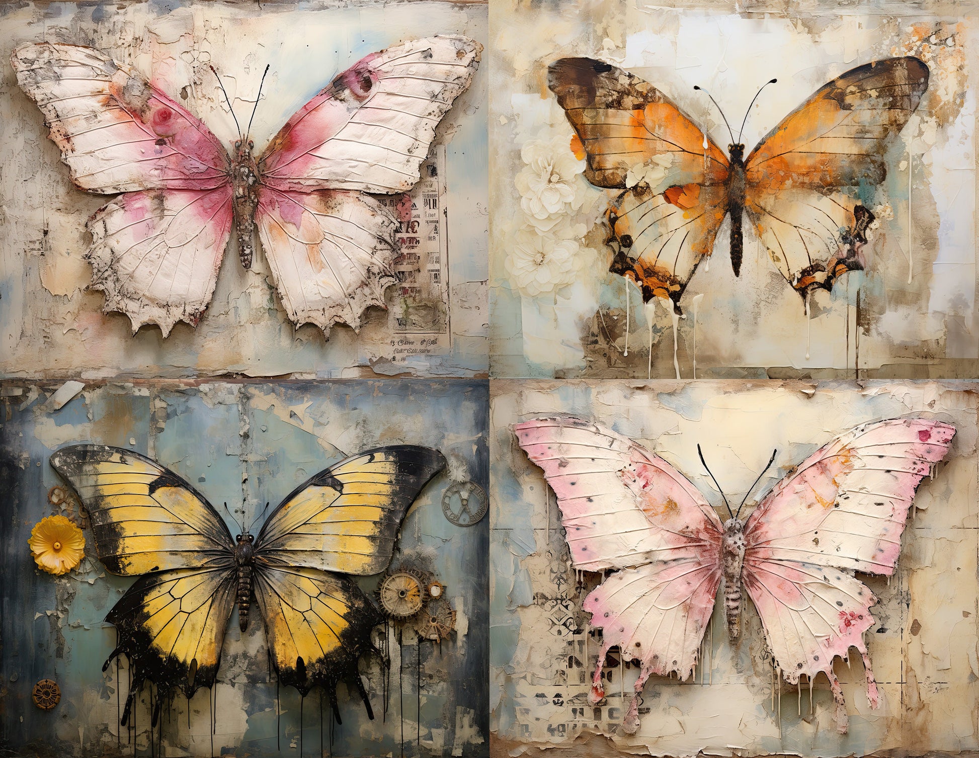 Mixed Media Butterflies, Butterfly Journal Pages, Grunge/Painterly Butterfly, CU, 12 PNG Butterflies, Distressed Surfaces, DIY Card Making