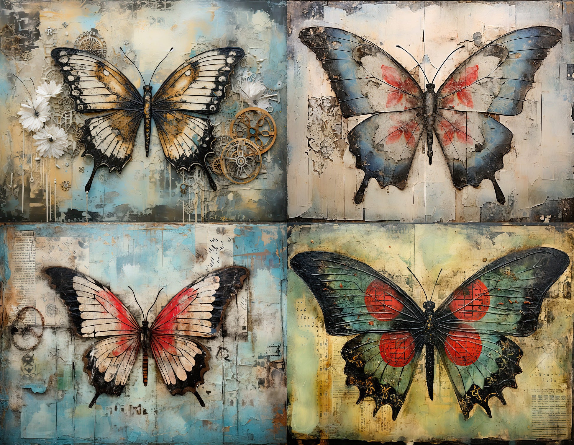 Mixed Media Butterflies, Butterfly Journal Pages, Grunge/Painterly Butterfly, CU, 12 PNG Butterflies, Distressed Surfaces, DIY Card Making