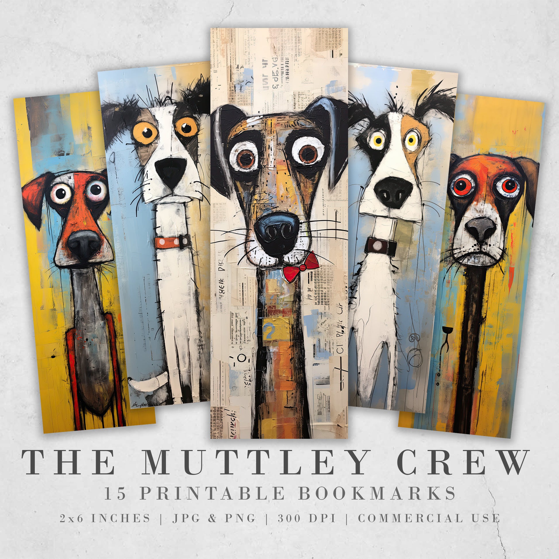 The Muttley Crew Printable Bookmarks| 15 Quirky Mixed Media Dog Bookmark Sheets| PNG bookmark sublimation| Whimsical Dogs Digital Bookmarks