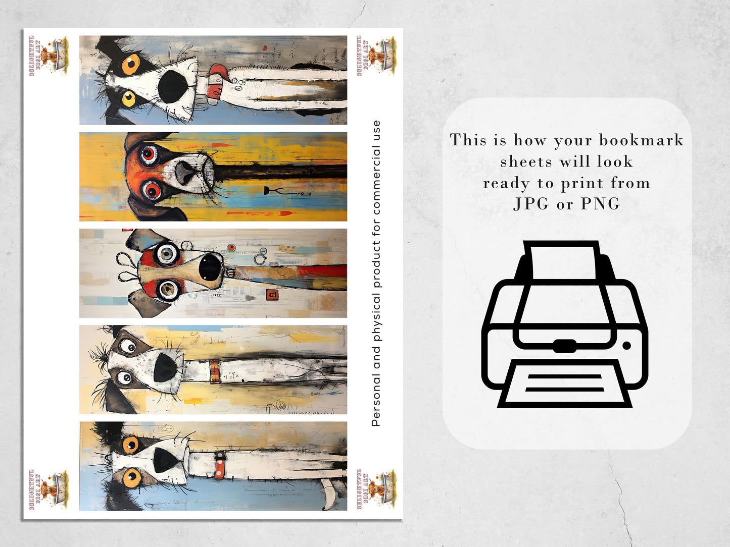 The Muttley Crew Printable Bookmarks| 15 Quirky Mixed Media Dog Bookmark Sheets| PNG bookmark sublimation| Whimsical Dogs Digital Bookmarks