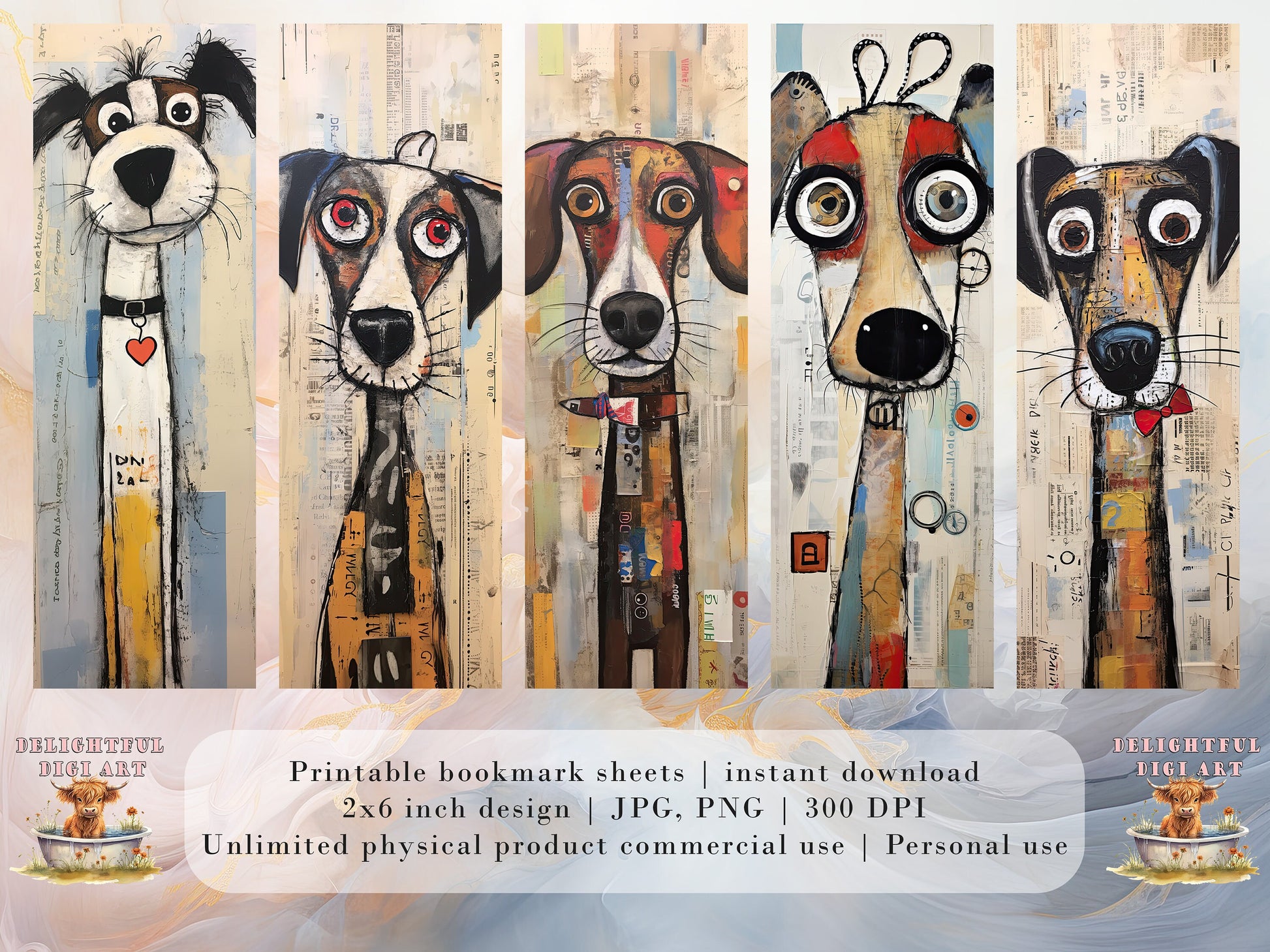 The Muttley Crew Printable Bookmarks| 15 Quirky Mixed Media Dog Bookmark Sheets| PNG bookmark sublimation| Whimsical Dogs Digital Bookmarks