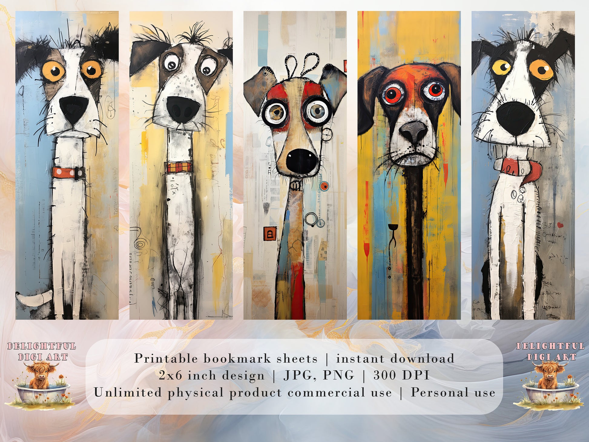 The Muttley Crew Printable Bookmarks| 15 Quirky Mixed Media Dog Bookmark Sheets| PNG bookmark sublimation| Whimsical Dogs Digital Bookmarks