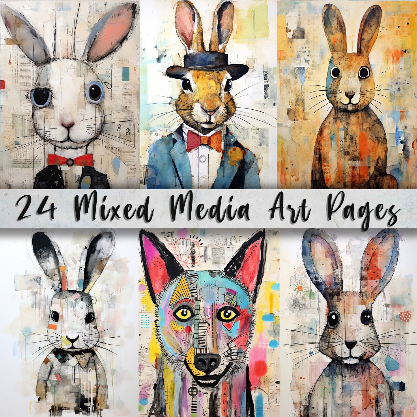 24 Mixed Media Printable Art Pages| Digital Download Paper Set| PNG sublimation| Whimsical Digital Paper | Holiday Artwork| Quirky Animals