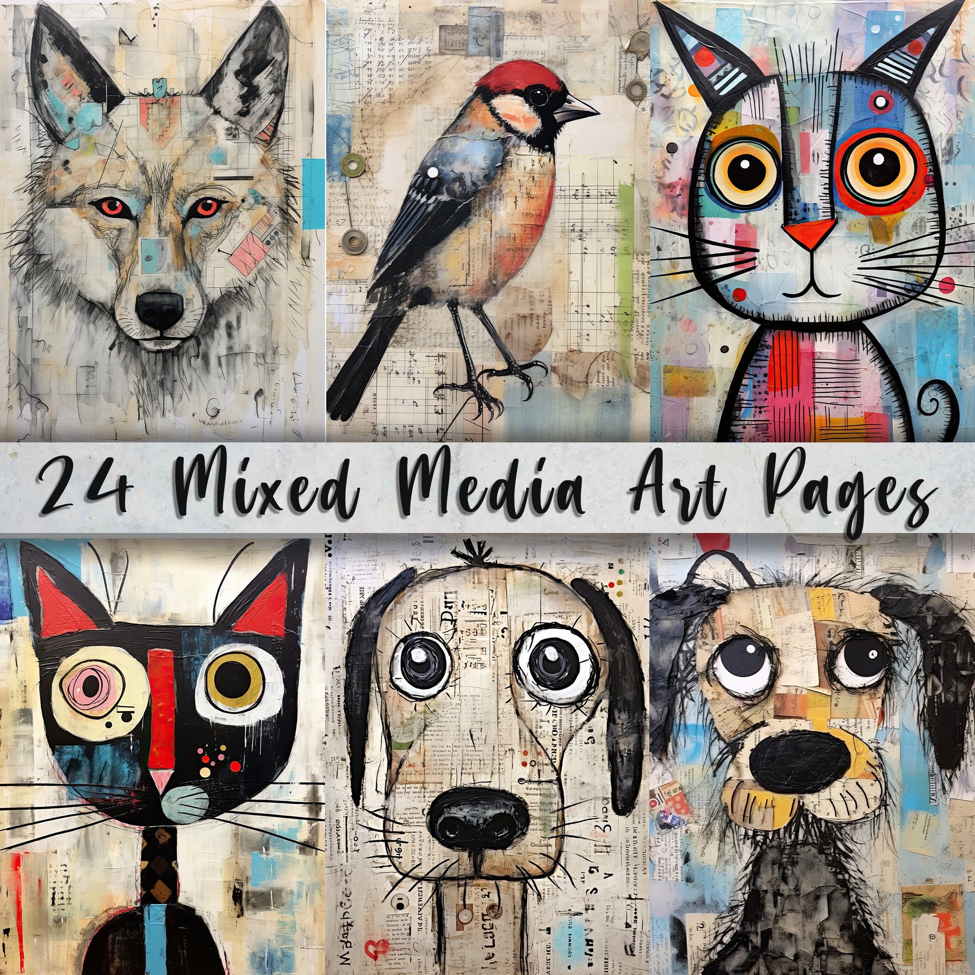 24 Mixed Media Printable Art Pages| Digital Download Paper Set| PNG sublimation| Whimsical Digital Paper | Holiday Artwork| Quirky Animals