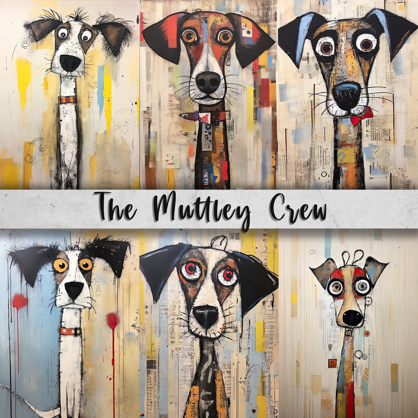 The Muttley Crew Printable Art Pages| Digital Download Paper Set| Whimsical Digital Paper| Quirky Dogs| Mixed Media Mutts| Junk Journal Art