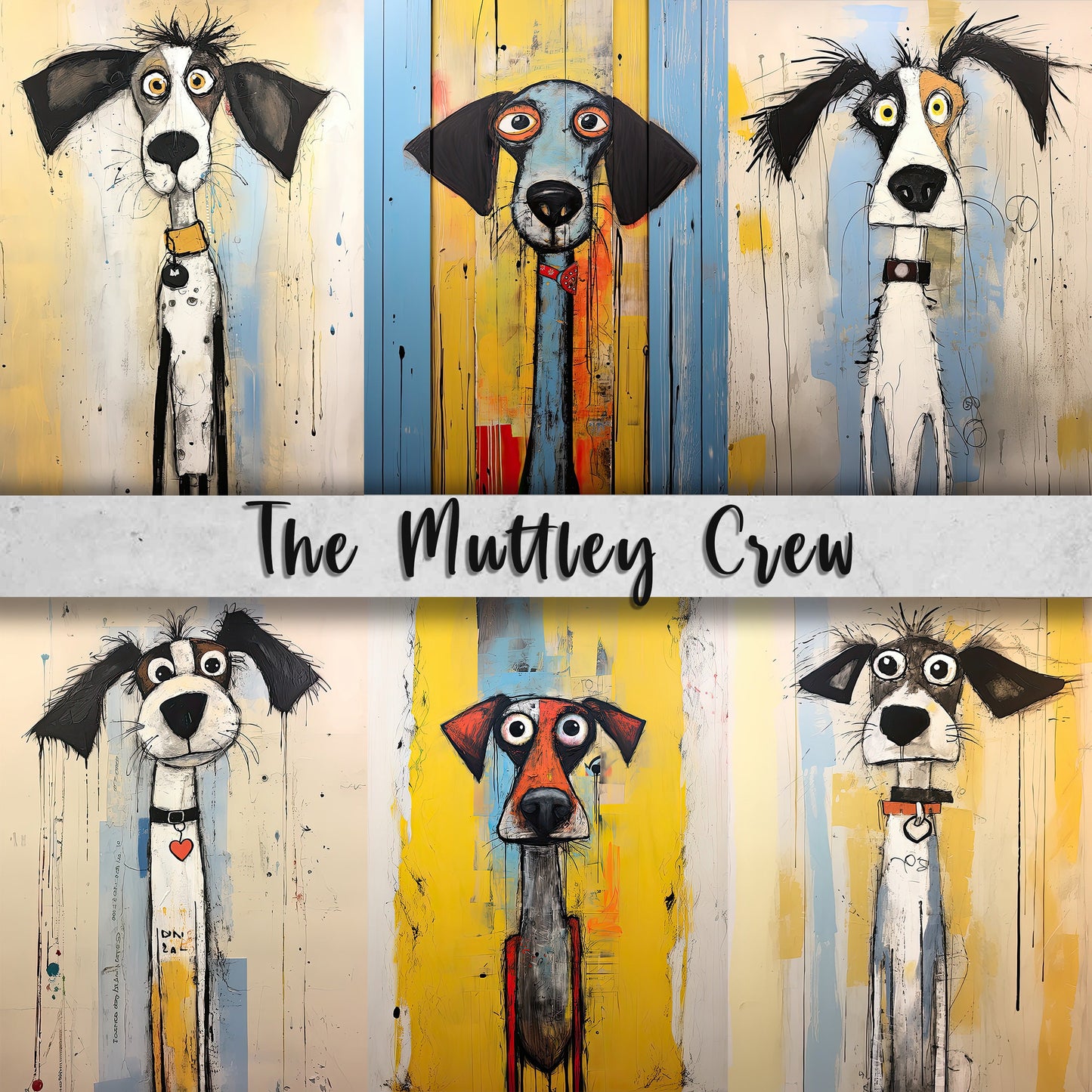 The Muttley Crew Printable Art Pages| Digital Download Paper Set| Whimsical Digital Paper| Quirky Dogs| Mixed Media Mutts| Junk Journal Art