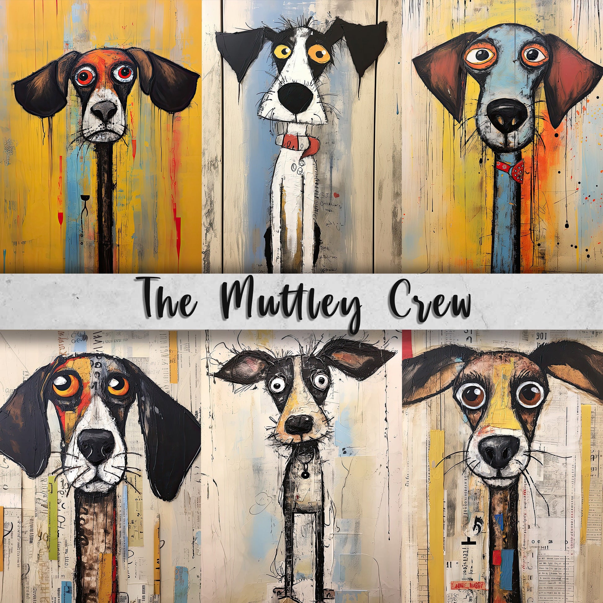 The Muttley Crew Printable Art Pages| Digital Download Paper Set| Whimsical Digital Paper| Quirky Dogs| Mixed Media Mutts| Junk Journal Art