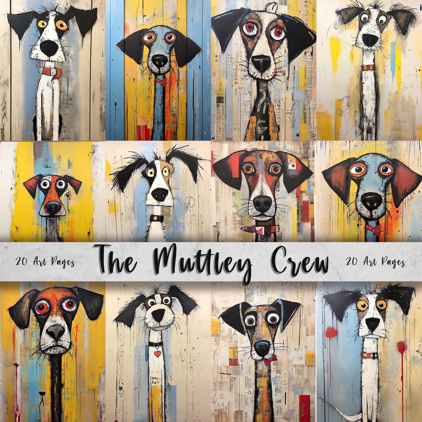 The Muttley Crew Printable Art Pages| Digital Download Paper Set| Whimsical Digital Paper| Quirky Dogs| Mixed Media Mutts| Junk Journal Art