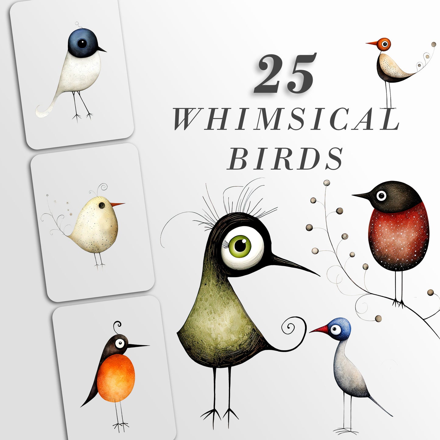 Whimsical Birds Clipart: Quirky Art for Crafts and Decor | Bird PNG Bundle | Watercolor Illustrations | Sublimation Designs | Printable Art