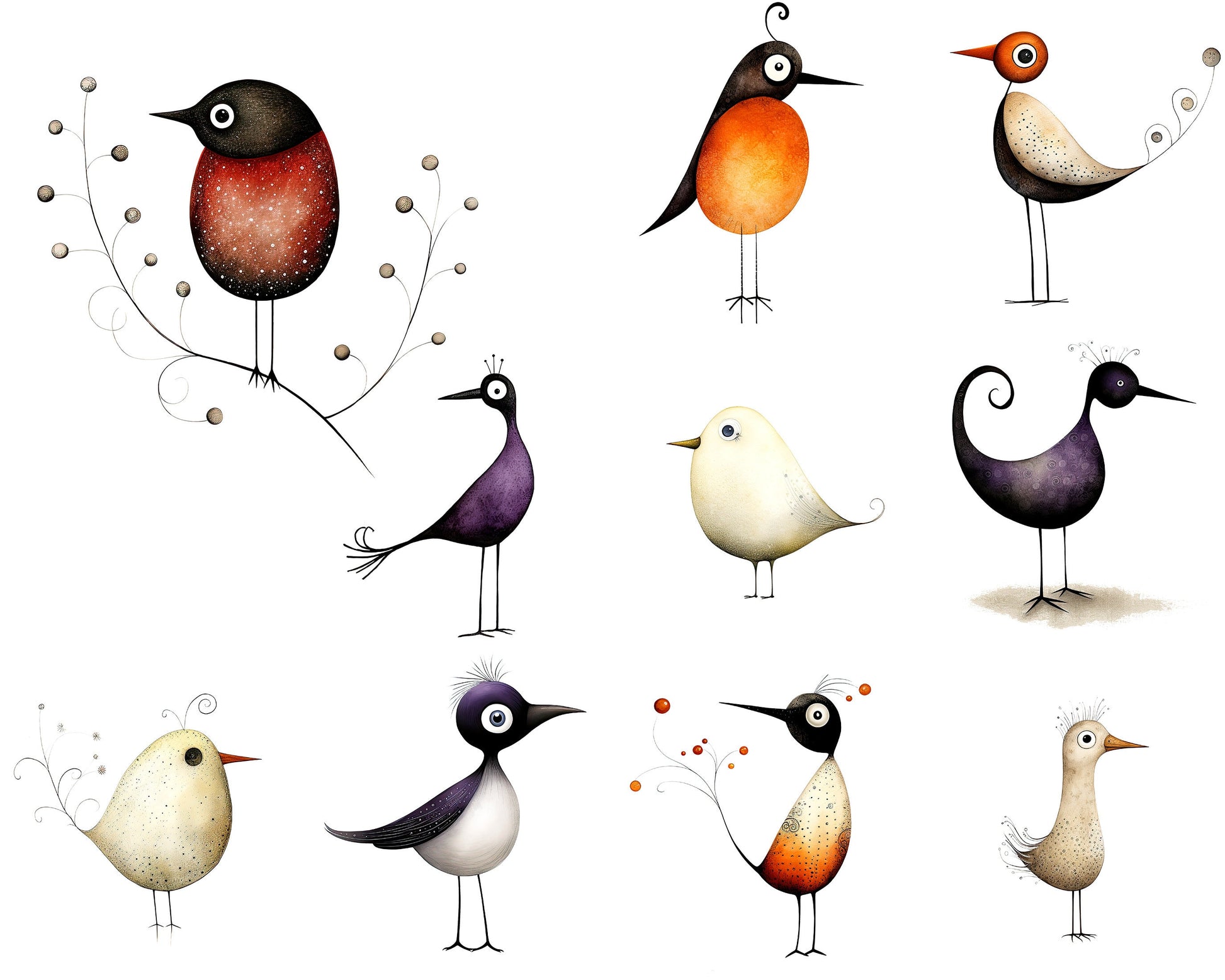 Whimsical Birds Clipart: Quirky Art for Crafts and Decor | Bird PNG Bundle | Watercolor Illustrations | Sublimation Designs | Printable Art