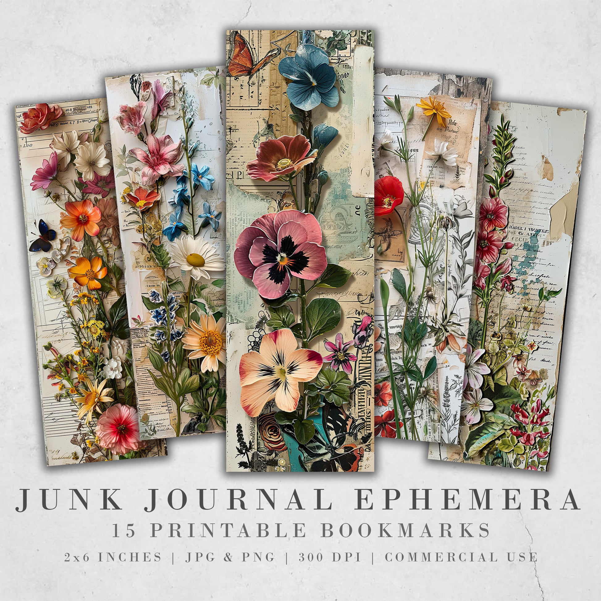 Junk Journal Ephemera Printable Bookmarks| 15 Vintage Floral Bookmarks| JPG Sheets| PNG bookmark sublimation| Scrapbook Fussy Cuts| DIY Tag