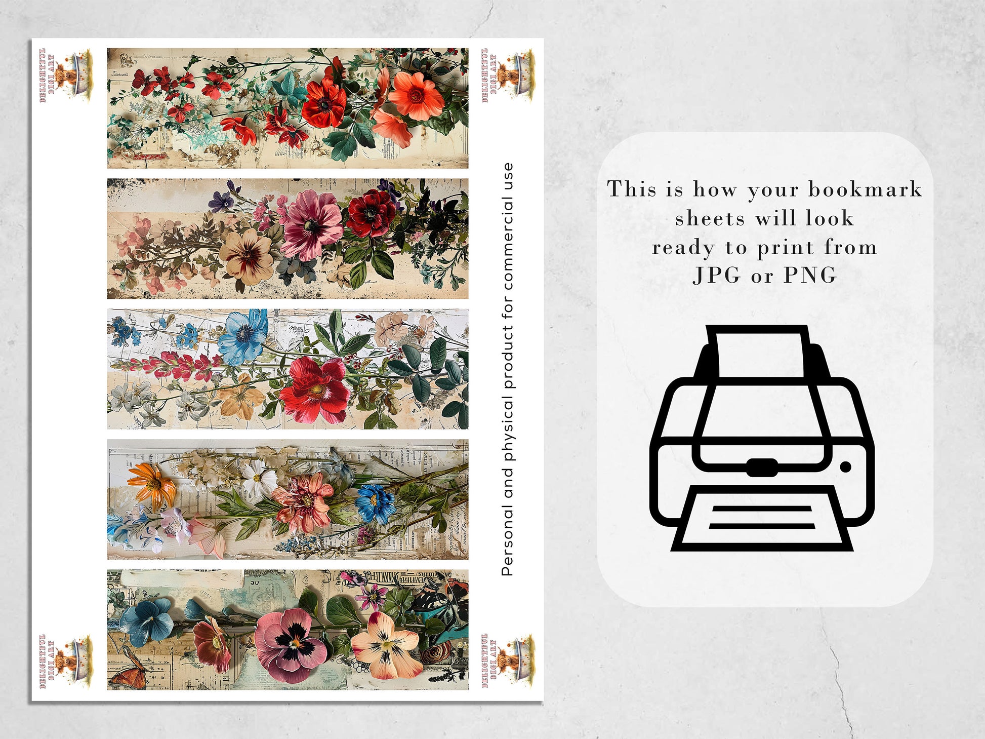 Junk Journal Ephemera Printable Bookmarks| 15 Vintage Floral Bookmarks| JPG Sheets| PNG bookmark sublimation| Scrapbook Fussy Cuts| DIY Tag