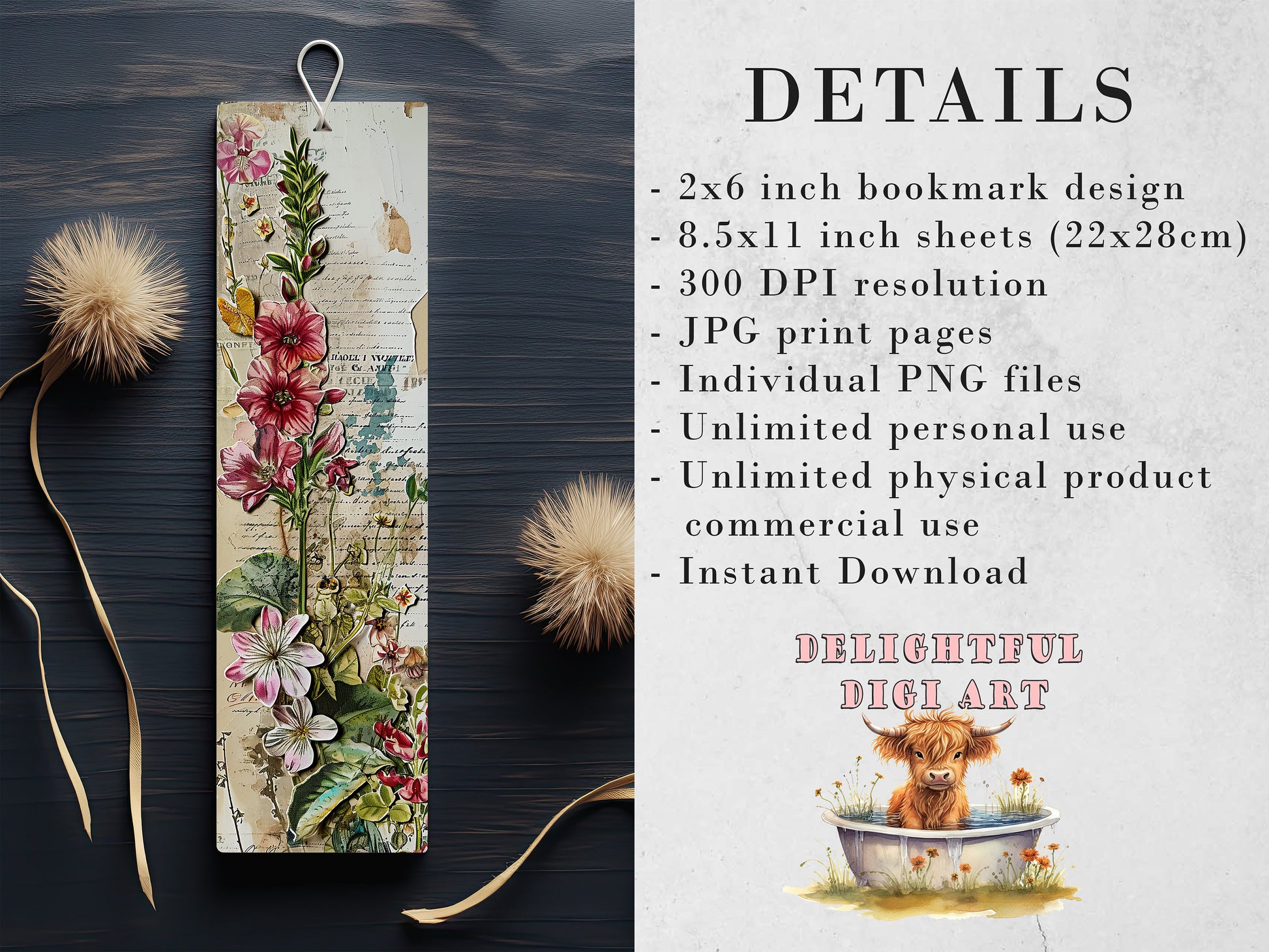 Junk Journal Ephemera Printable Bookmarks| 15 Vintage Floral Bookmarks| JPG Sheets| PNG bookmark sublimation| Scrapbook Fussy Cuts| DIY Tag