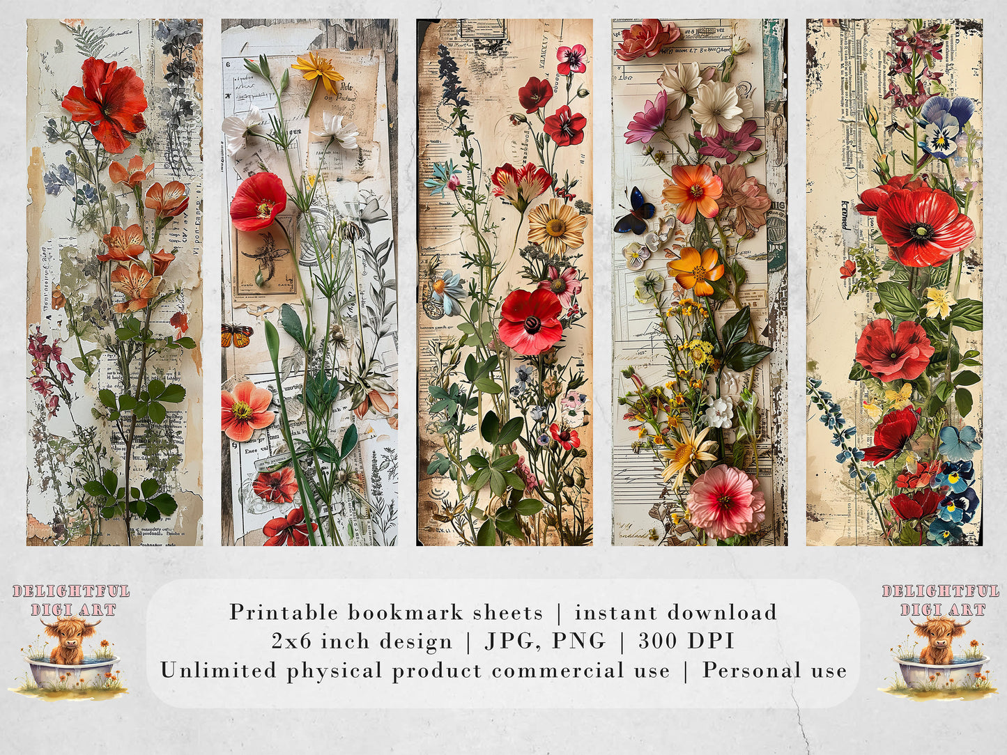 Junk Journal Ephemera Printable Bookmarks| 15 Vintage Floral Bookmarks| JPG Sheets| PNG bookmark sublimation| Scrapbook Fussy Cuts| DIY Tag