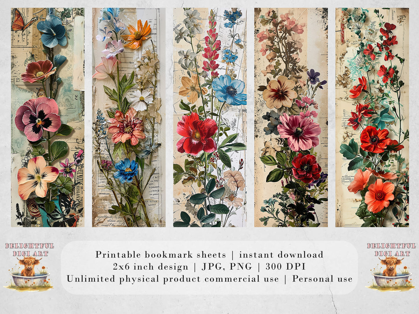 Junk Journal Ephemera Printable Bookmarks| 15 Vintage Floral Bookmarks| JPG Sheets| PNG bookmark sublimation| Scrapbook Fussy Cuts| DIY Tag