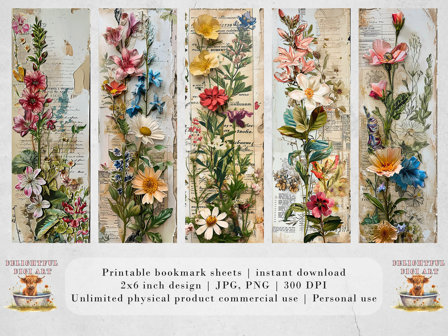 Junk Journal Ephemera Printable Bookmarks| 15 Vintage Floral Bookmarks| JPG Sheets| PNG bookmark sublimation| Scrapbook Fussy Cuts| DIY Tag