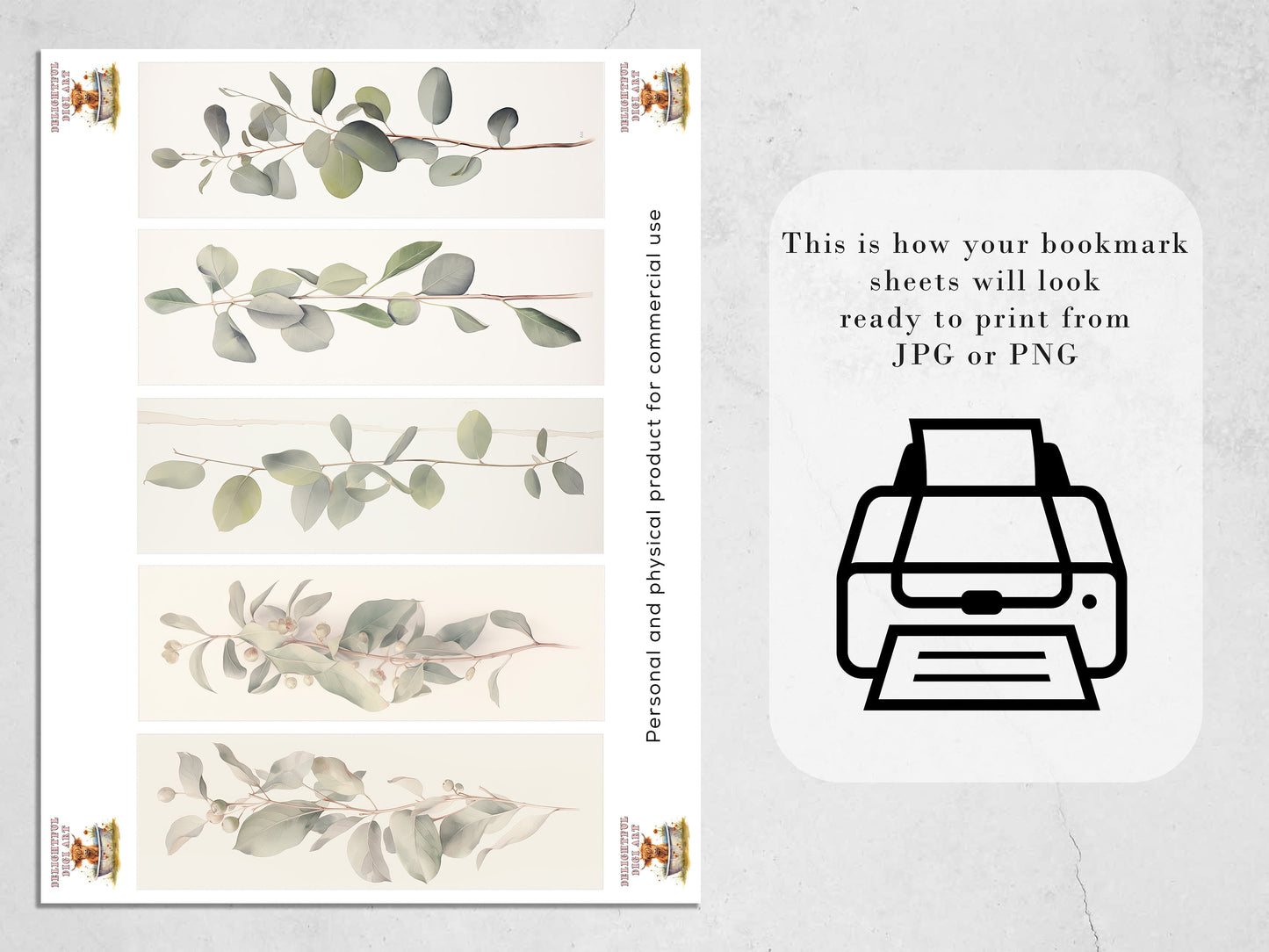 10 Eucalyptus Watercolor Printable Bookmarks | Digital Download JPG Bookmark Set | PNG bookmark | Neutral floral sublimation bookmark set