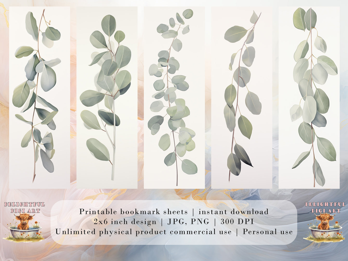 10 Eucalyptus Watercolor Printable Bookmarks | Digital Download JPG Bookmark Set | PNG bookmark | Neutral floral sublimation bookmark set