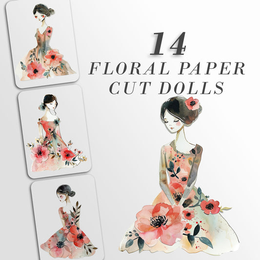 14 Floral Paper Cut Dolls: Watercolor Clipart Graphics for Crafts and Decor| PNG Bundle| Sublimation files| 3 Printable Sheets| Girls SVG