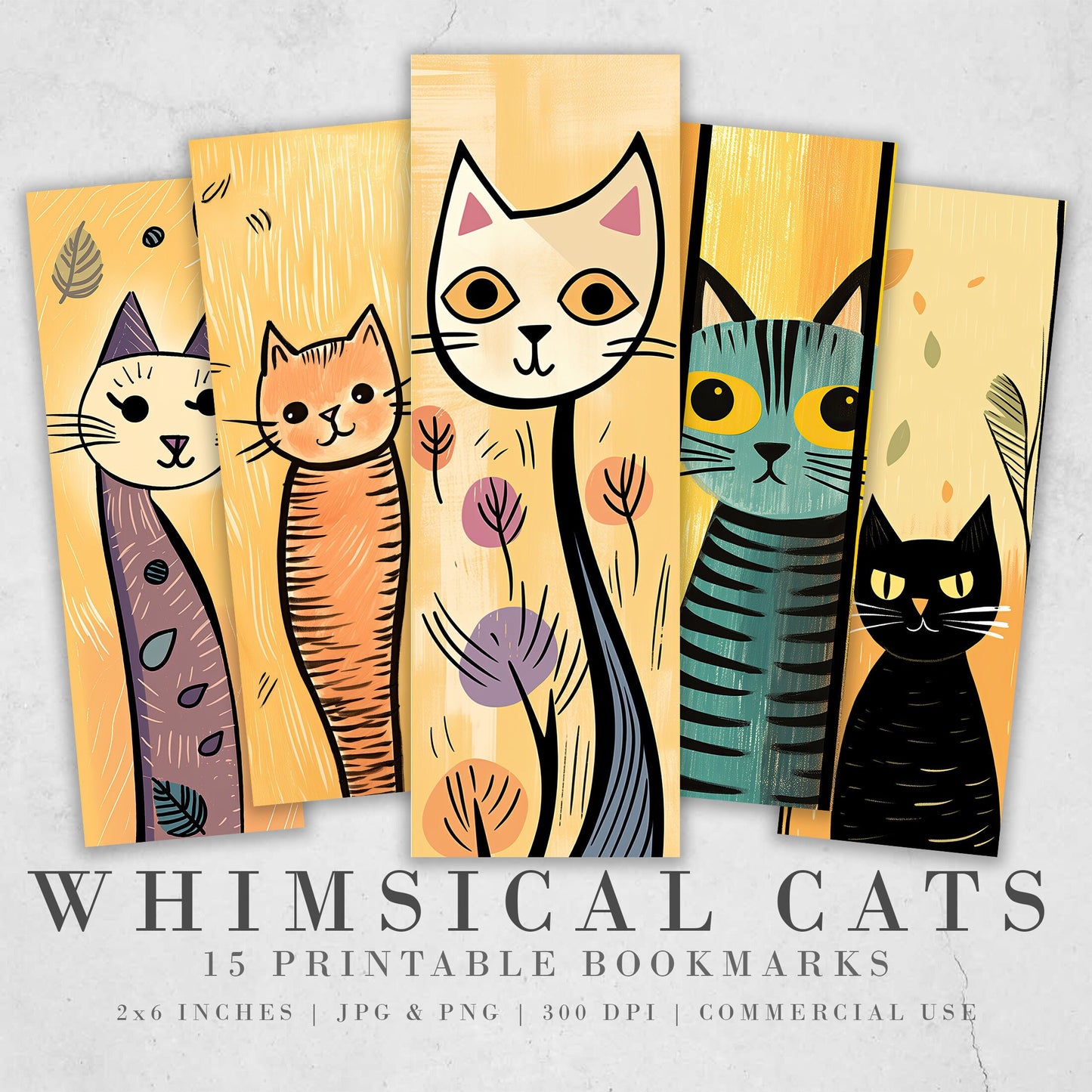 Whimsical Cats Printable Bookmarks| 15 Quirky Cat Bookmarks| PNG bookmark sublimation| Digital Bookmarks| Cat Lover Gift Idea| book nerd