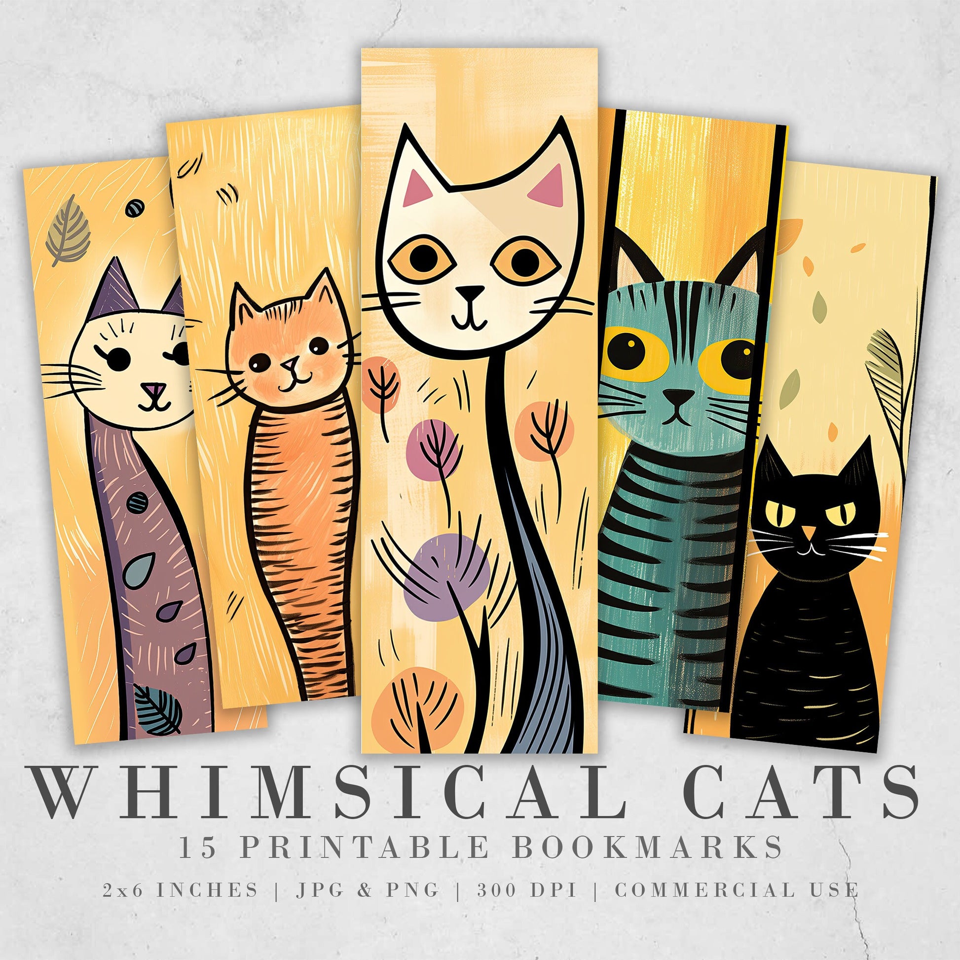 Whimsical Cats Printable Bookmarks| 15 Quirky Cat Bookmarks| PNG bookmark sublimation| Digital Bookmarks| Cat Lover Gift Idea| book nerd