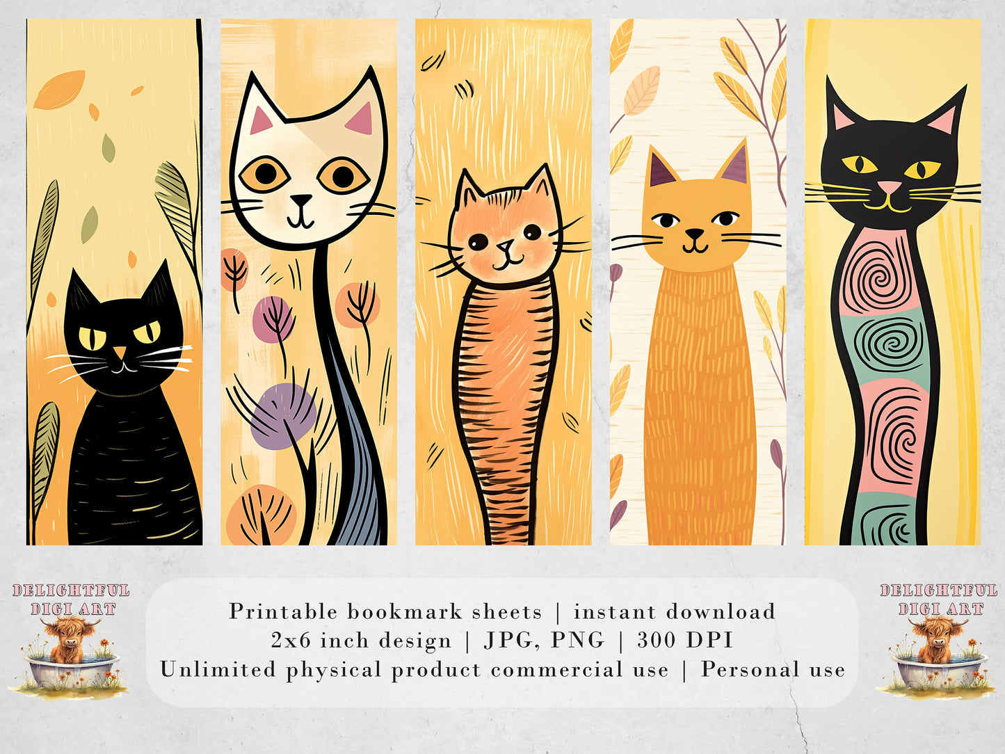 Whimsical Cats Printable Bookmarks| 15 Quirky Cat Bookmarks| PNG bookmark sublimation| Digital Bookmarks| Cat Lover Gift Idea| book nerd