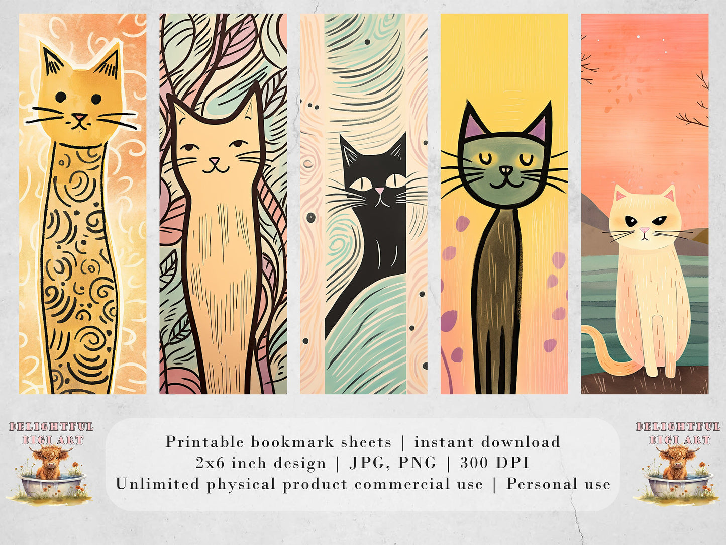 Whimsical Cats Printable Bookmarks| 15 Quirky Cat Bookmarks| PNG bookmark sublimation| Digital Bookmarks| Cat Lover Gift Idea| book nerd