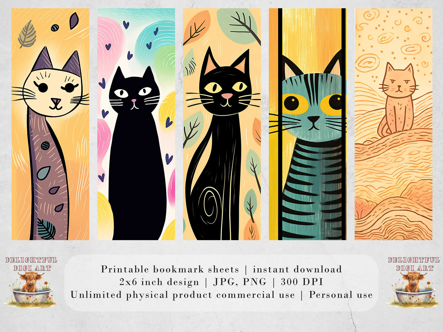 Whimsical Cats Printable Bookmarks| 15 Quirky Cat Bookmarks| PNG bookmark sublimation| Digital Bookmarks| Cat Lover Gift Idea| book nerd