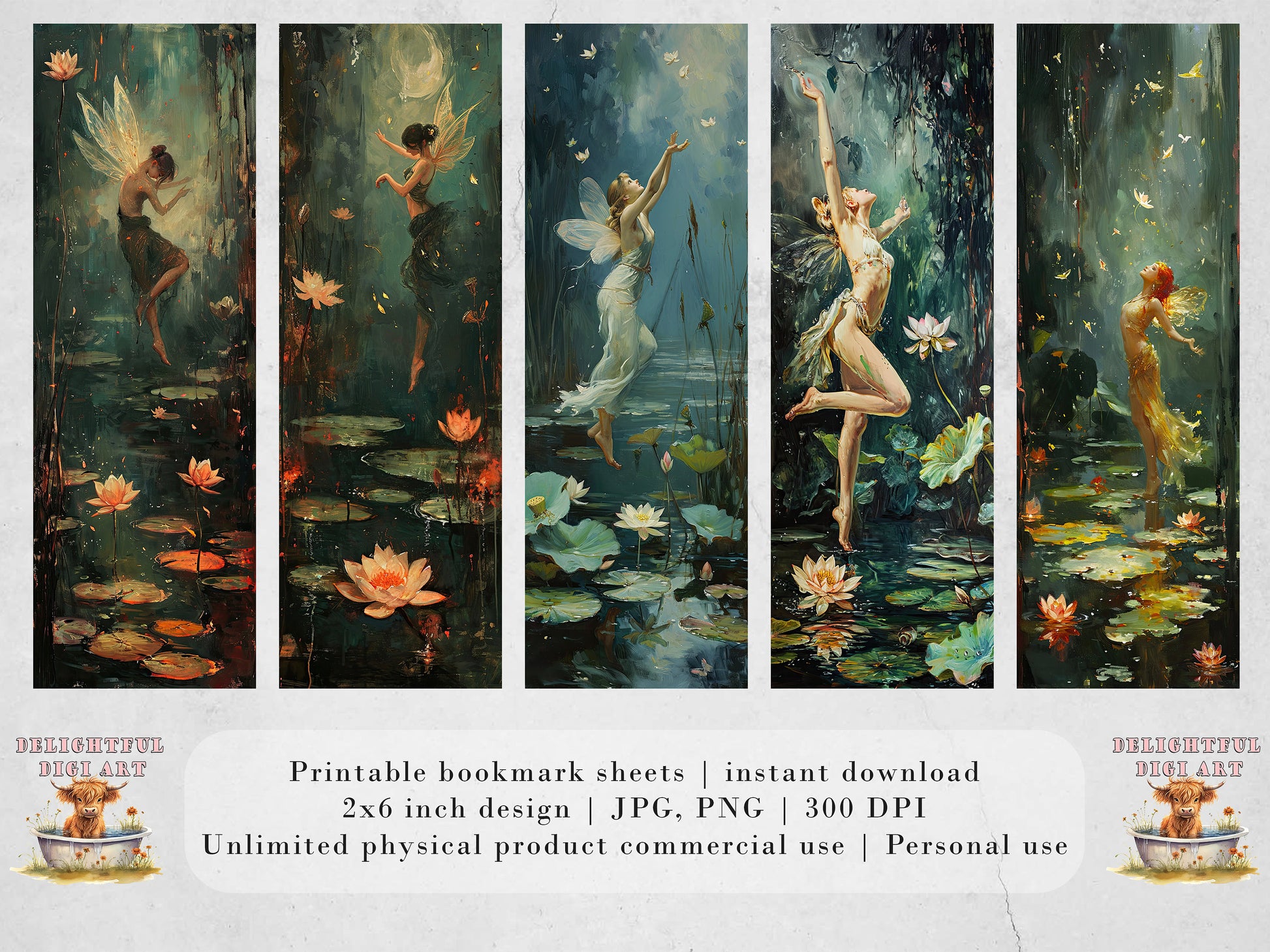 Lotus Pond Fairies Printable Bookmarks, Dancing Fairy Book Lovers Designs, Bookmark Sublimation Designs, Creative Gifts for readers