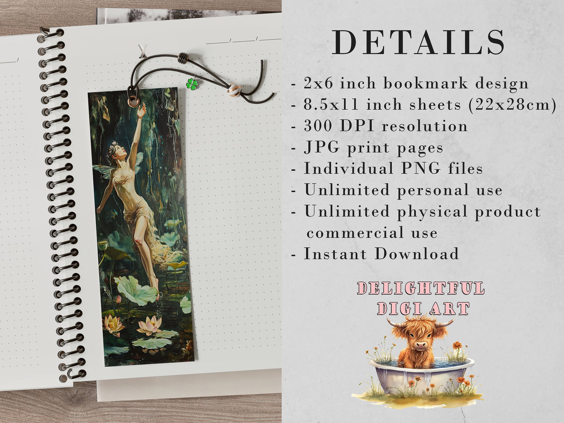 Lotus Pond Fairies Printable Bookmarks, Dancing Fairy Book Lovers Designs, Bookmark Sublimation Designs, Creative Gifts for readers