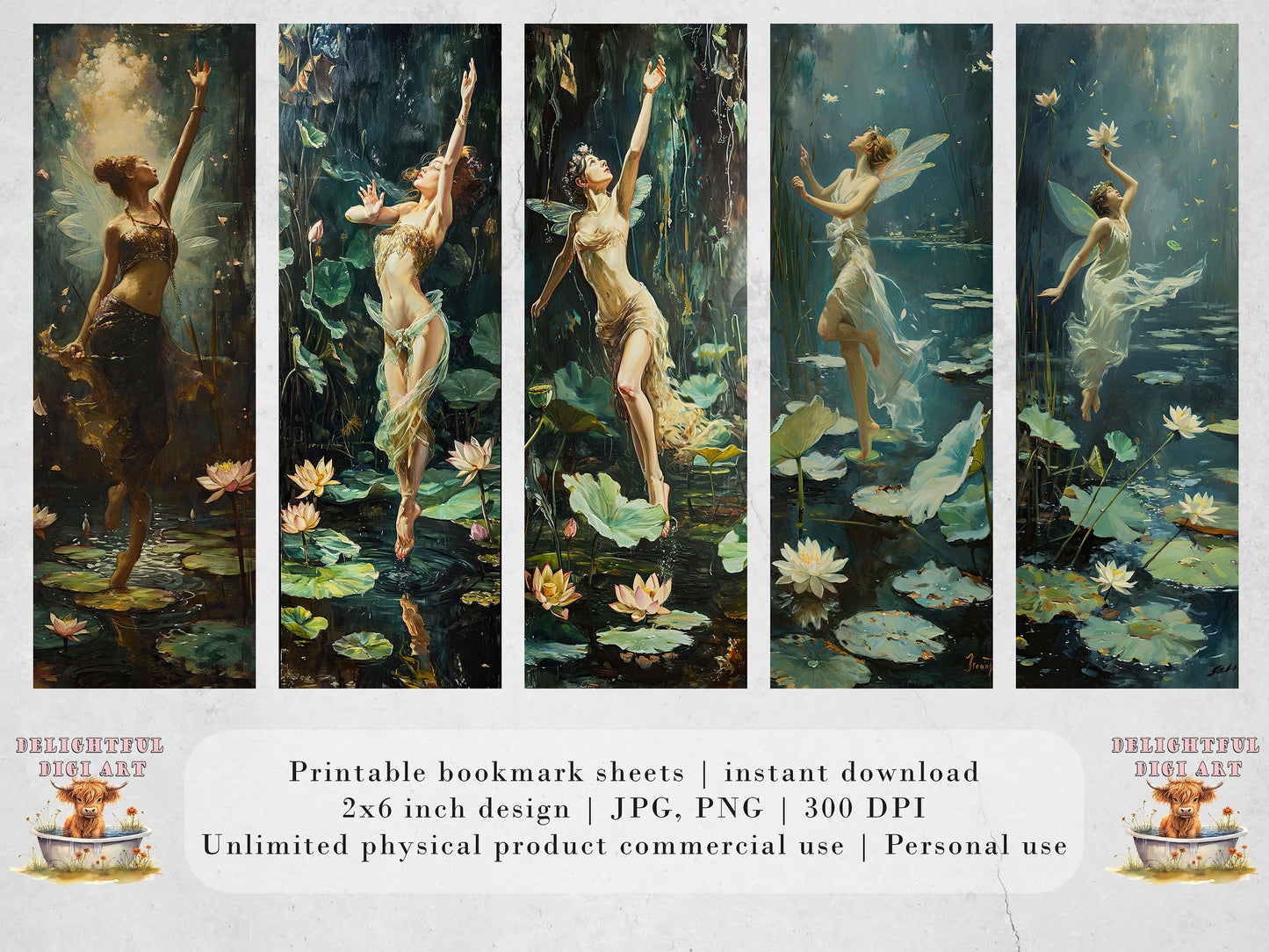 Lotus Pond Fairies Printable Bookmarks, Dancing Fairy Book Lovers Designs, Bookmark Sublimation Designs, Creative Gifts for readers