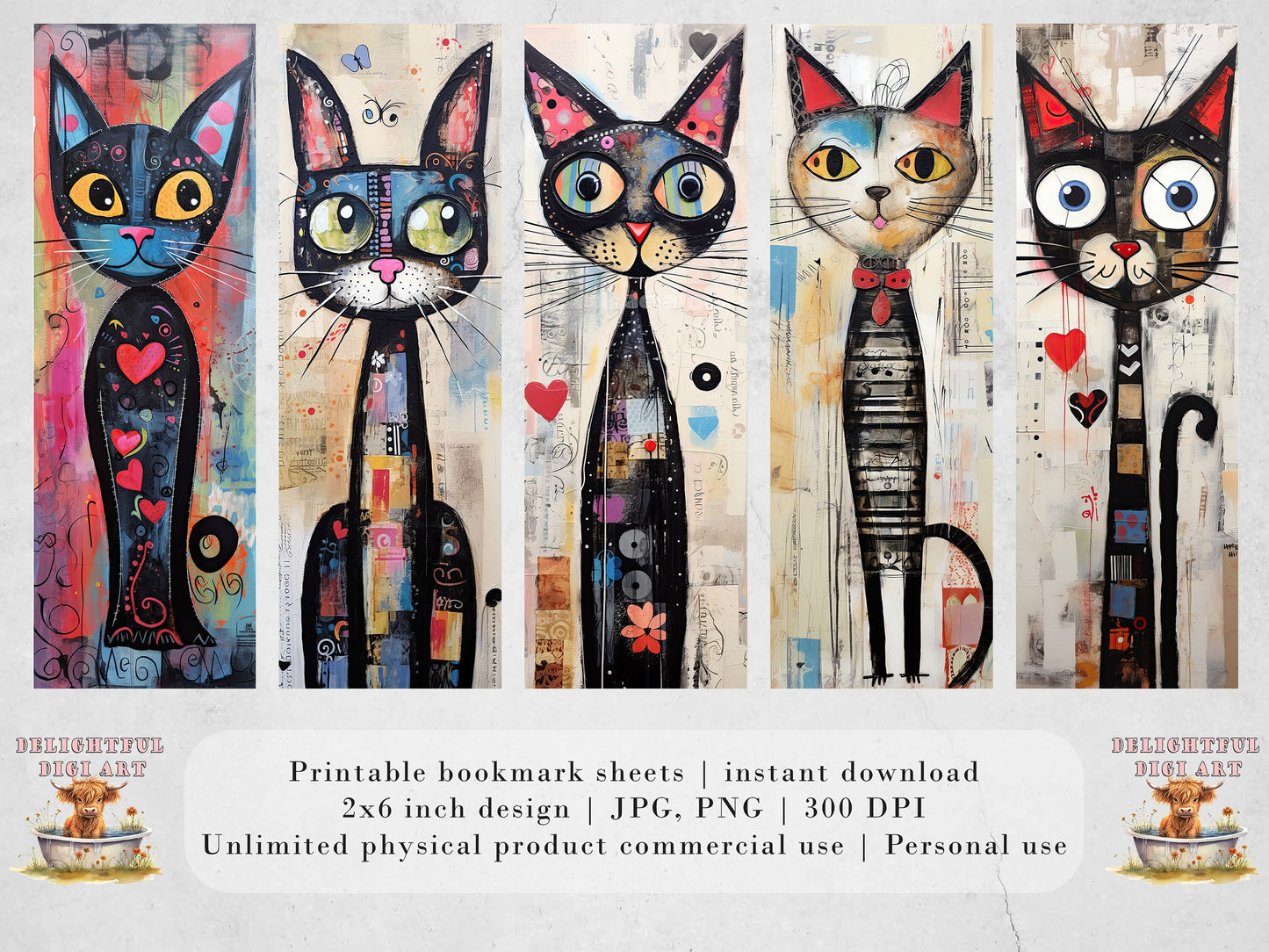 Meow Society Printable Bookmarks| 10 Quirky Mixed Media Cat Bookmark Sheets| PNG bookmark sublimation| Whimsical Cat Digital Bookmarks