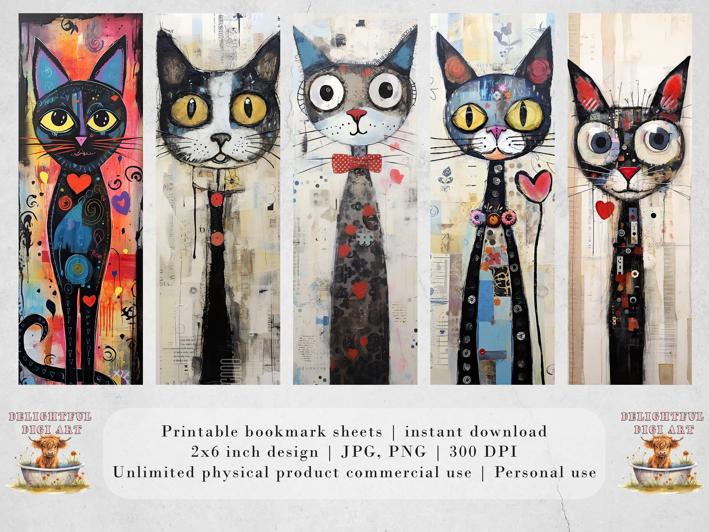 Meow Society Printable Bookmarks| 10 Quirky Mixed Media Cat Bookmark Sheets| PNG bookmark sublimation| Whimsical Cat Digital Bookmarks