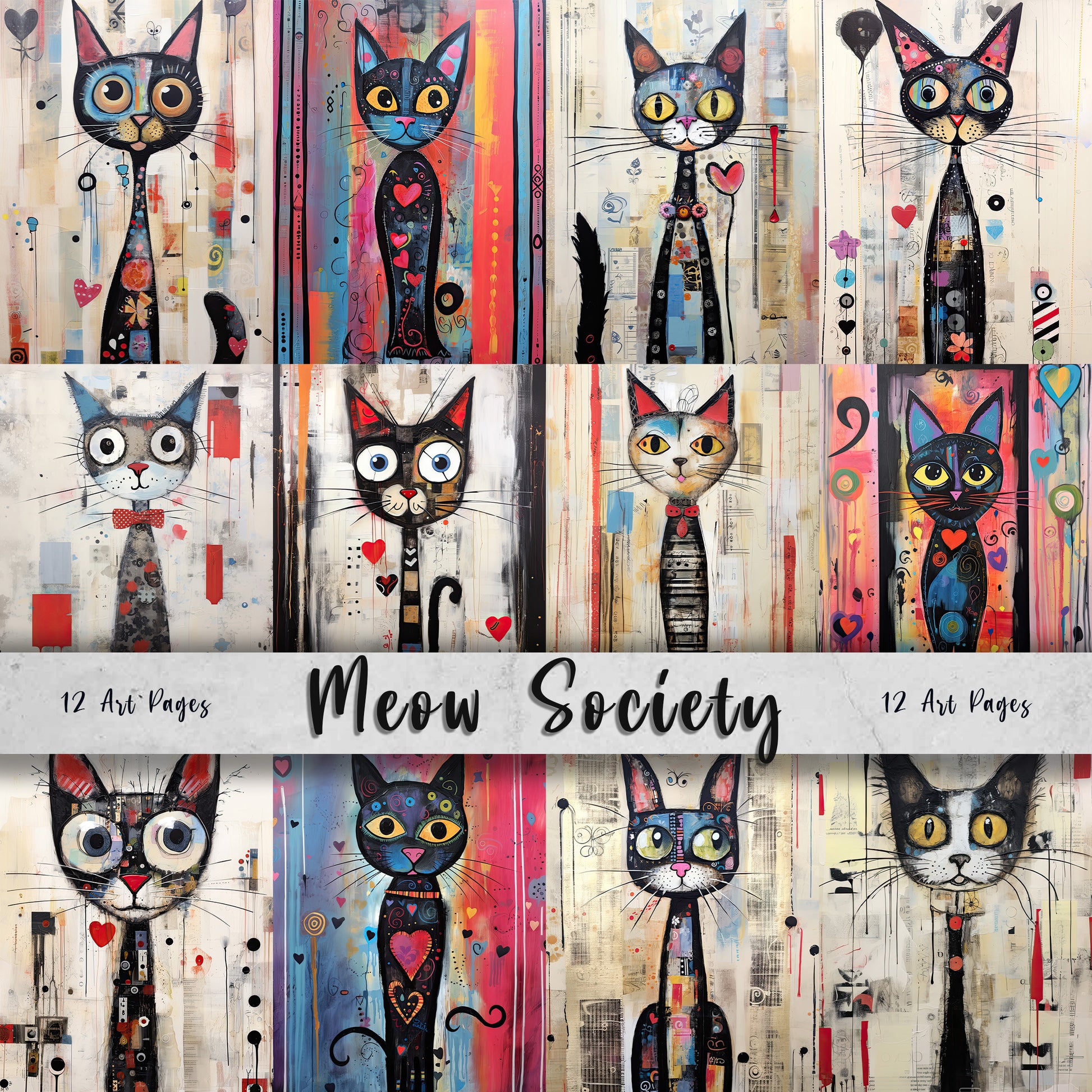 Meow Society Printable Art Pages| Digital Download Paper Set| Whimsical Digital Paper| Quirky Cats| Mixed Media Felines| Junk Journal Art