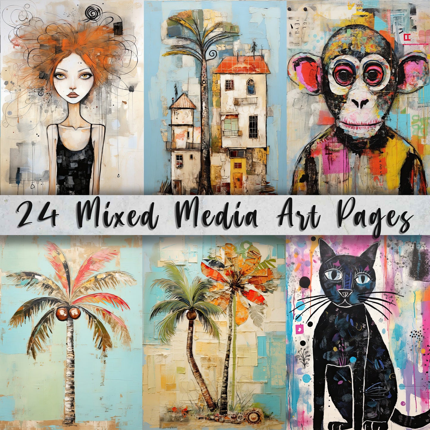 24 Mixed Media Printable Art Pages| Digital Download Paper Set| PNG sublimation| Whimsical Digital Paper | Holiday Artwork| Quirky Animals