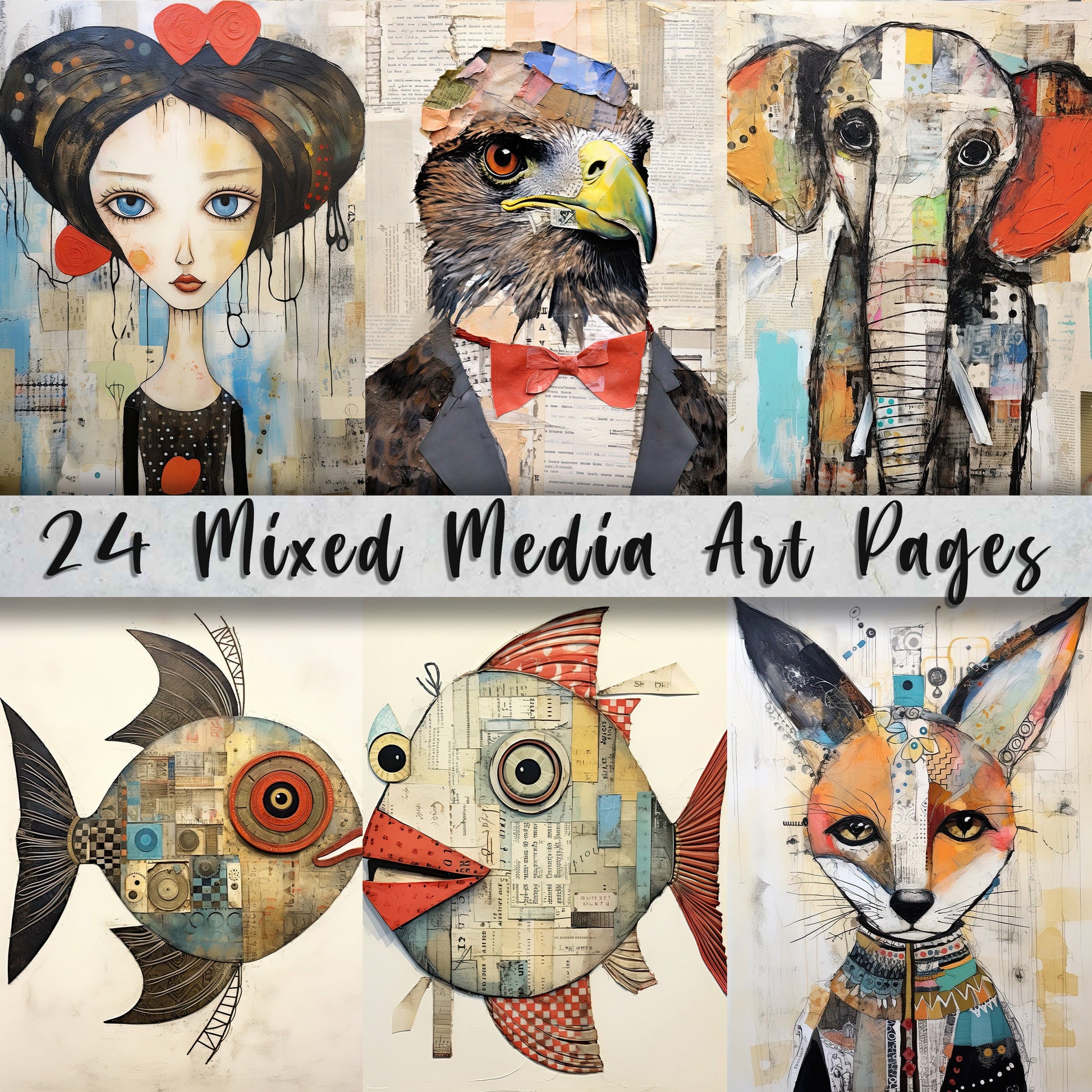 24 Mixed Media Printable Art Pages| Digital Download Paper Set| PNG sublimation| Whimsical Digital Paper | Holiday Artwork| Quirky Animals