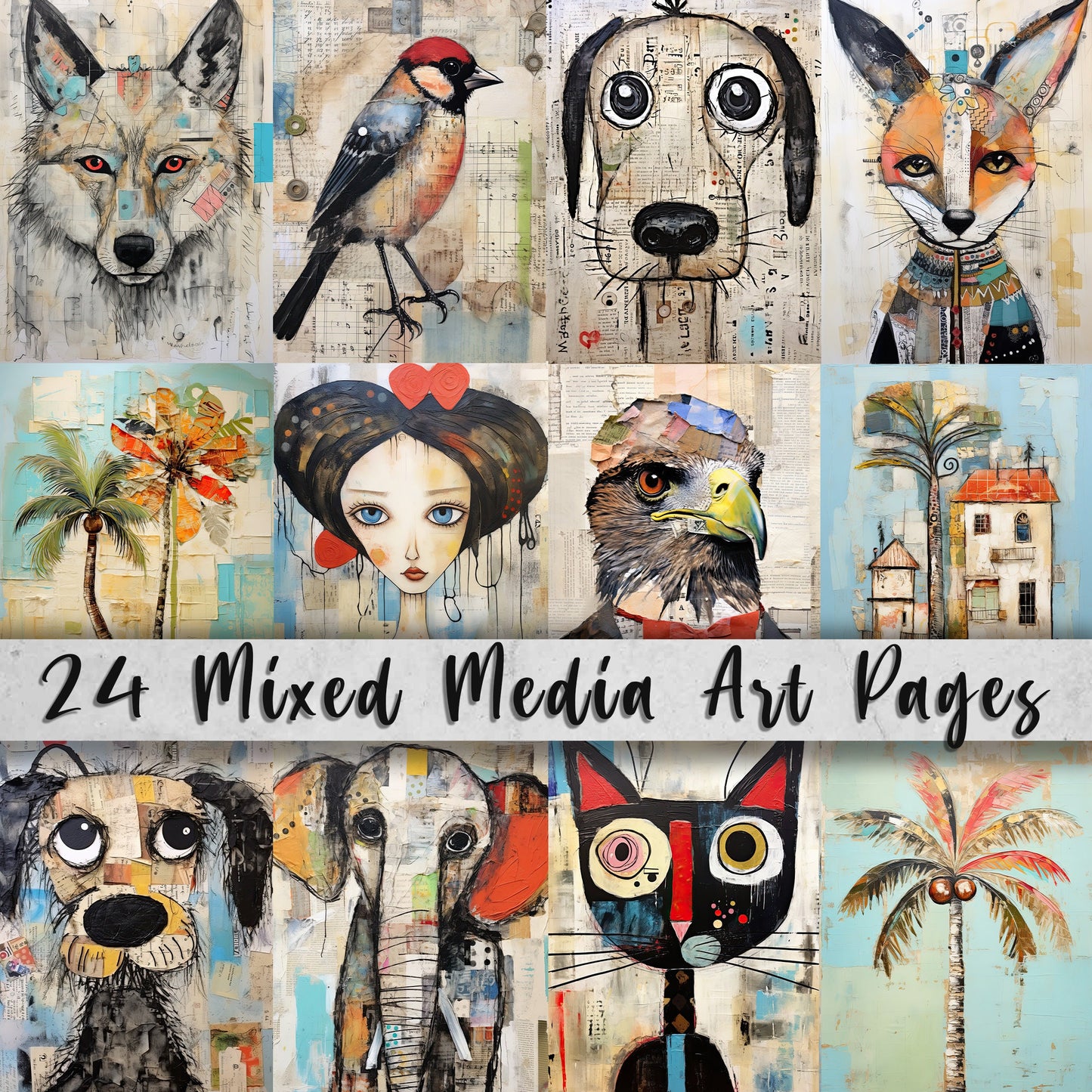 24 Mixed Media Printable Art Pages| Digital Download Paper Set| PNG sublimation| Whimsical Digital Paper | Holiday Artwork| Quirky Animals