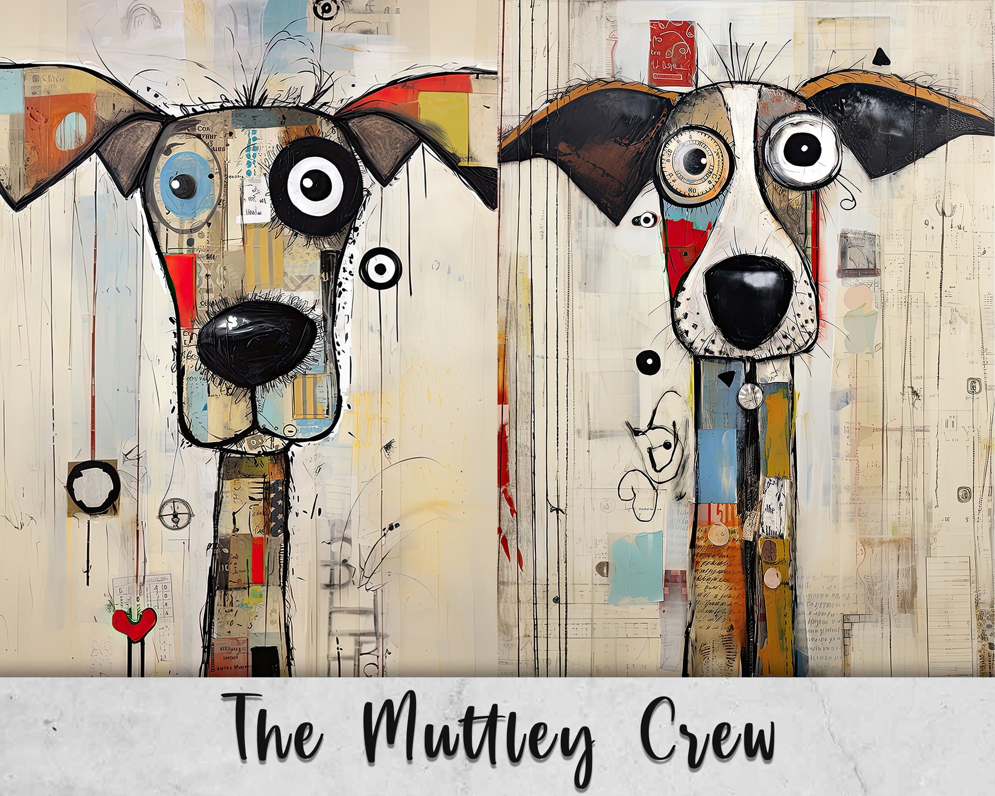 The Muttley Crew Printable Art Pages| Digital Download Paper Set| Whimsical Digital Paper| Quirky Dogs| Mixed Media Mutts| Junk Journal Art