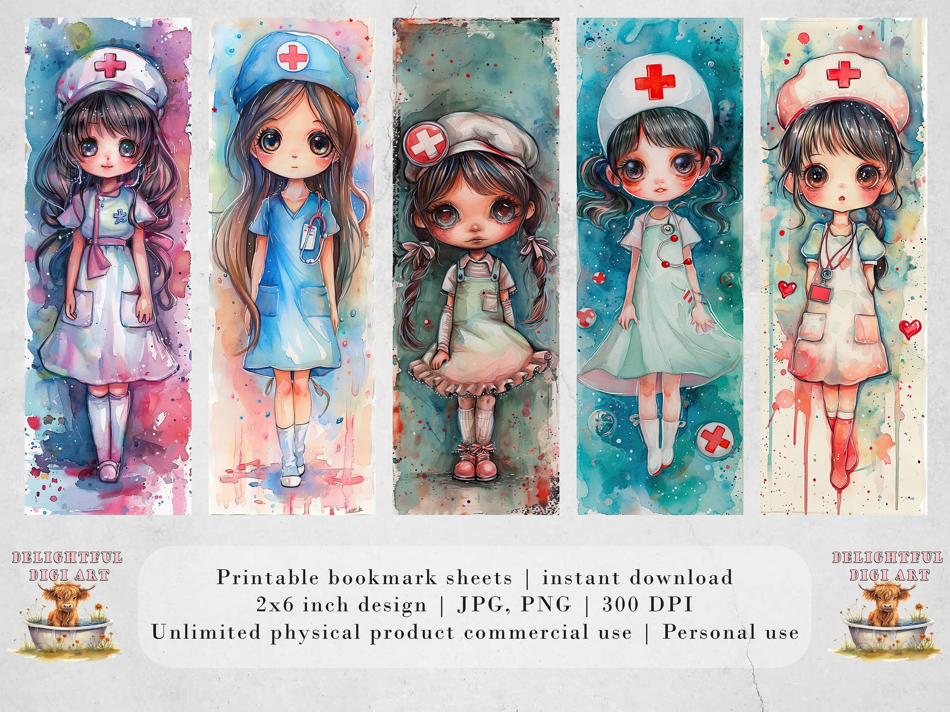 15 Chibi Nurses Watercolor Printable Bookmarks| Set of JPG Bookmarks for girls | PNG Bundle| Big Eyed Chibi Girl Sublimation Set | Cute Gift